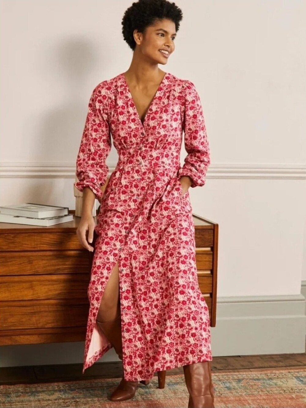Boden Red + Pink Floral Maxi Dress with V-Neck - Size 16/18R - Picture 5 of 14